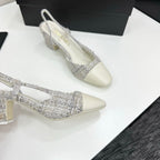 CC 25SS Classic Slingbacks 6cm High Heel White Tweed Cowhide 490182