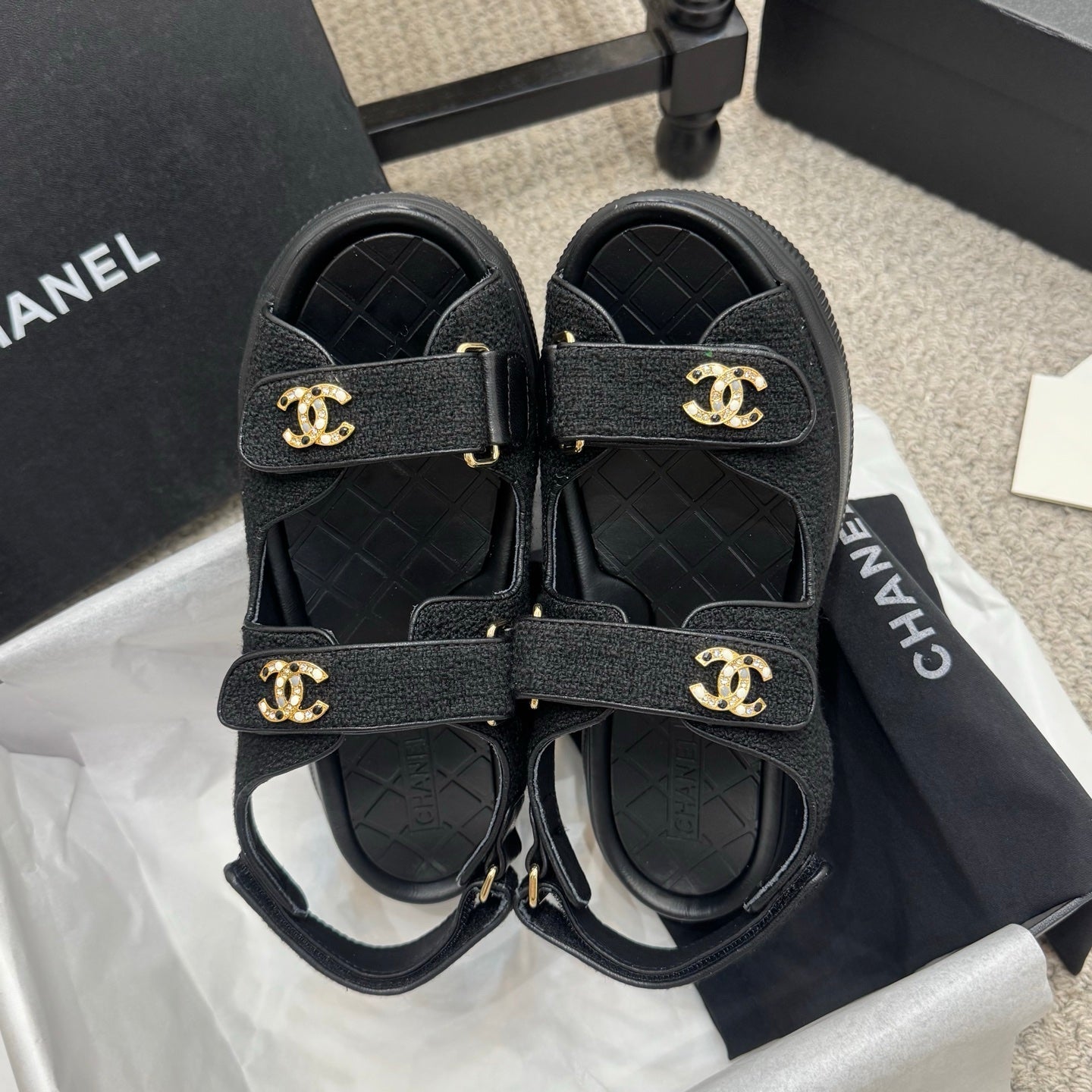 CC 25B Thick-Sole Casual Sandals with Velcro Black Fabric 489314