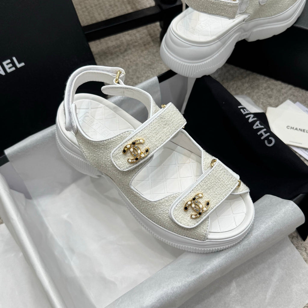 CC 25B Thick-Sole Casual Sandals with Velcro White Fabric 489313