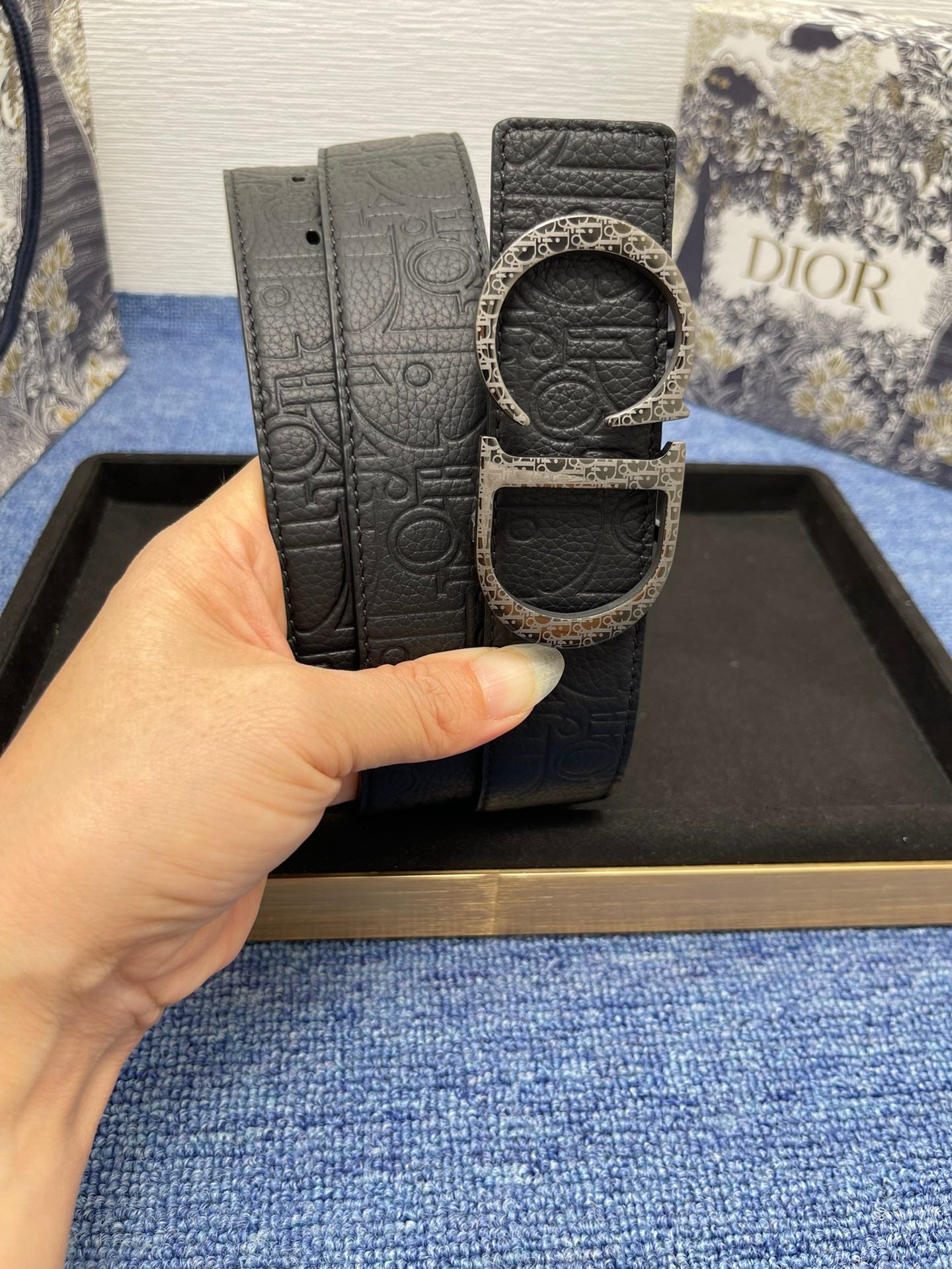 CD Belt 35mm Kumo Cannage Pattern Black Leather Bronze Buckle