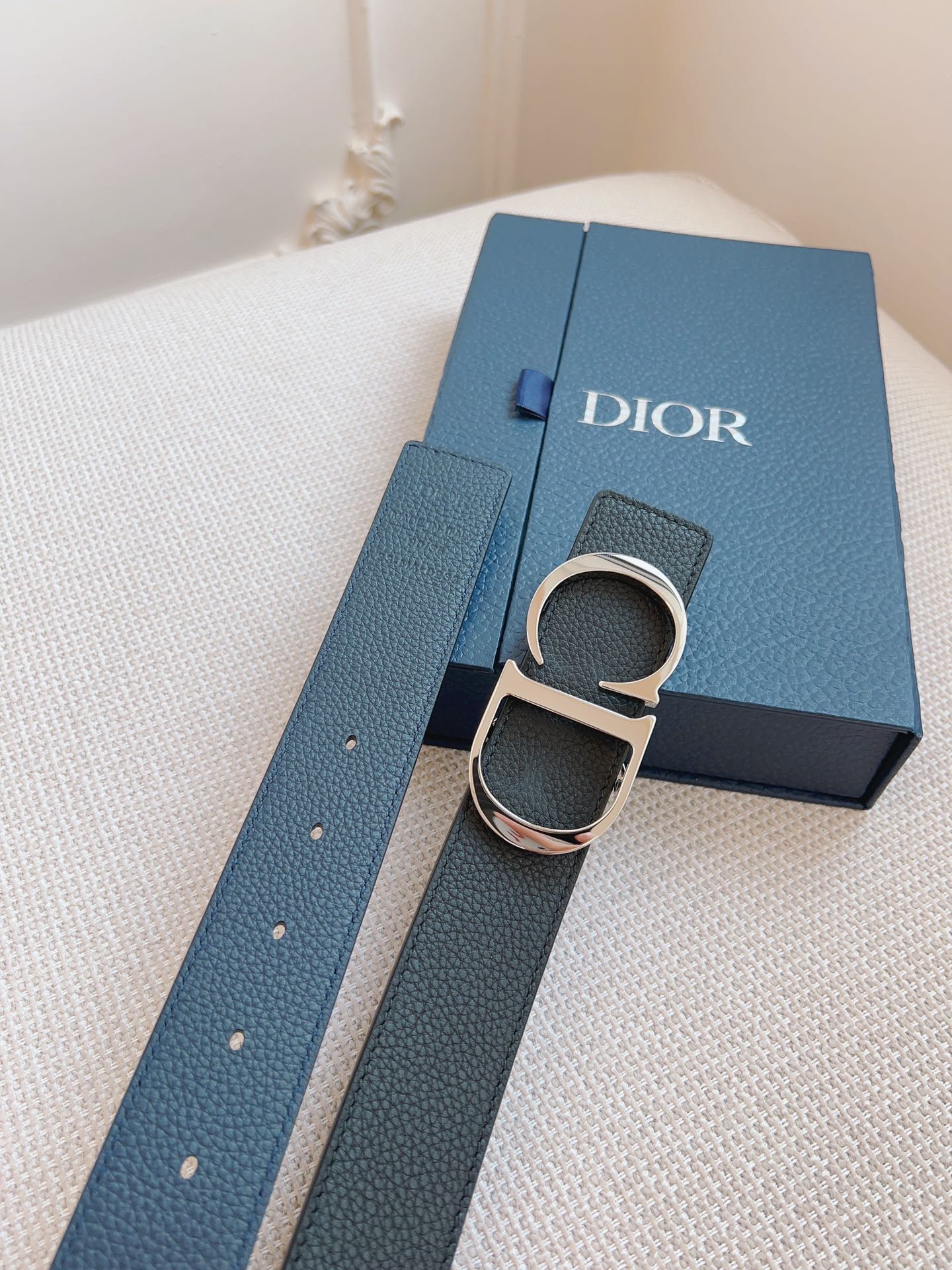 CD Belt 35mm Black Blue Leather Silver Logo Buckle