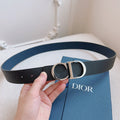 CD Belt 35mm Black Blue Leather Silver Logo Buckle