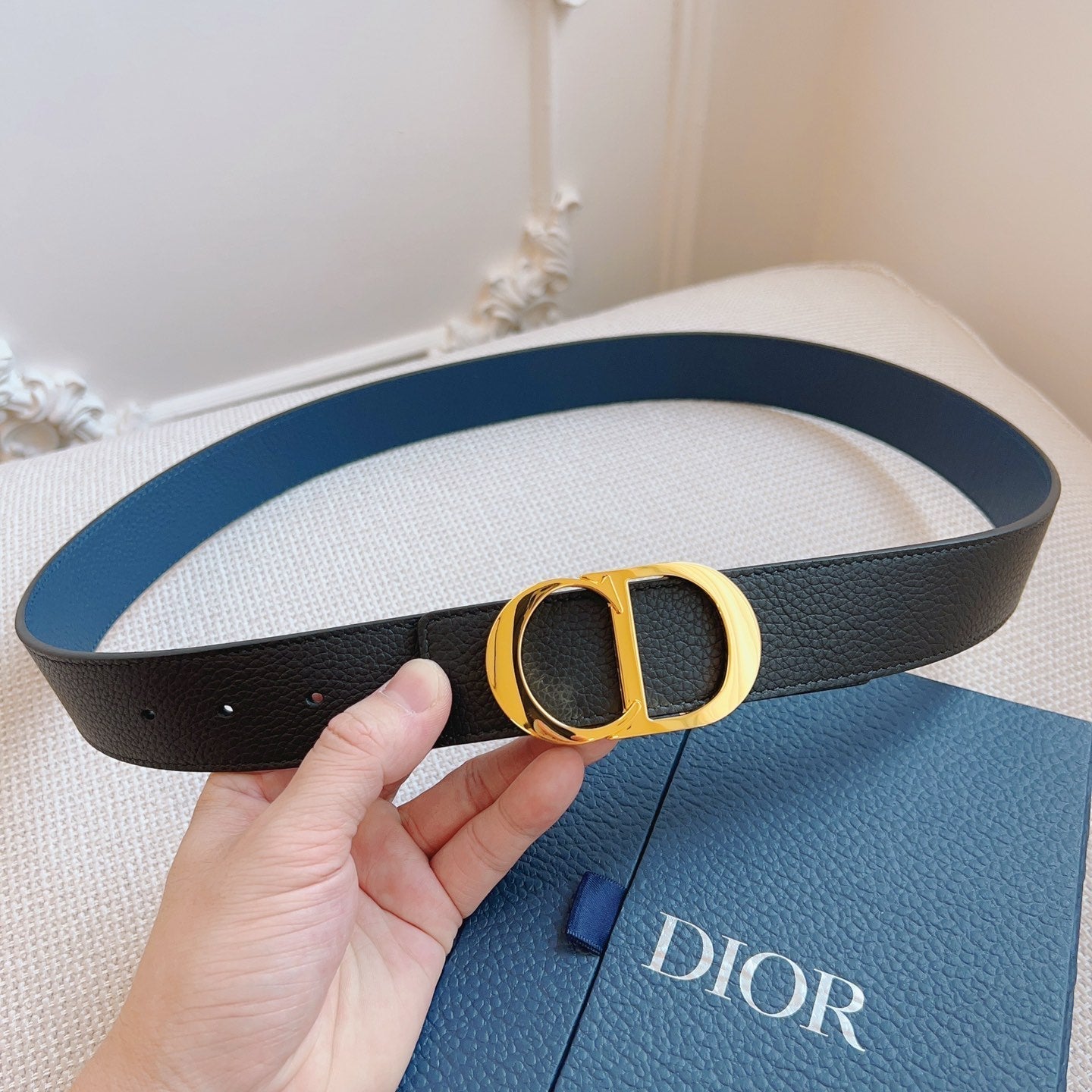 CD Belt 35mm Black Blue Leather Gold Buckle