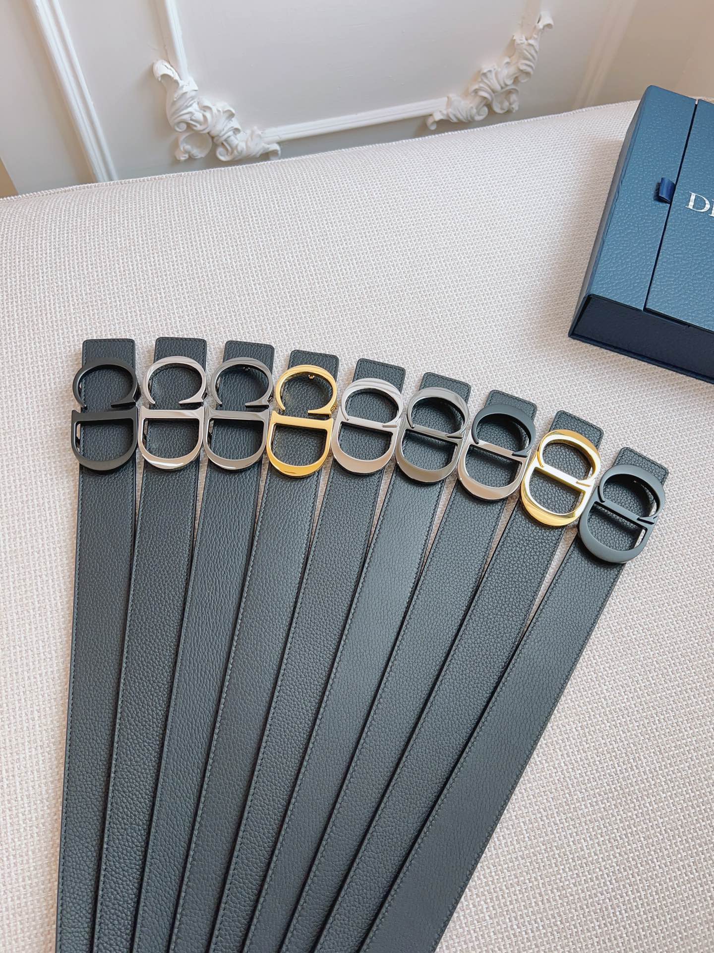 CD Belt 35mm Black Blue Leather Gold Buckle