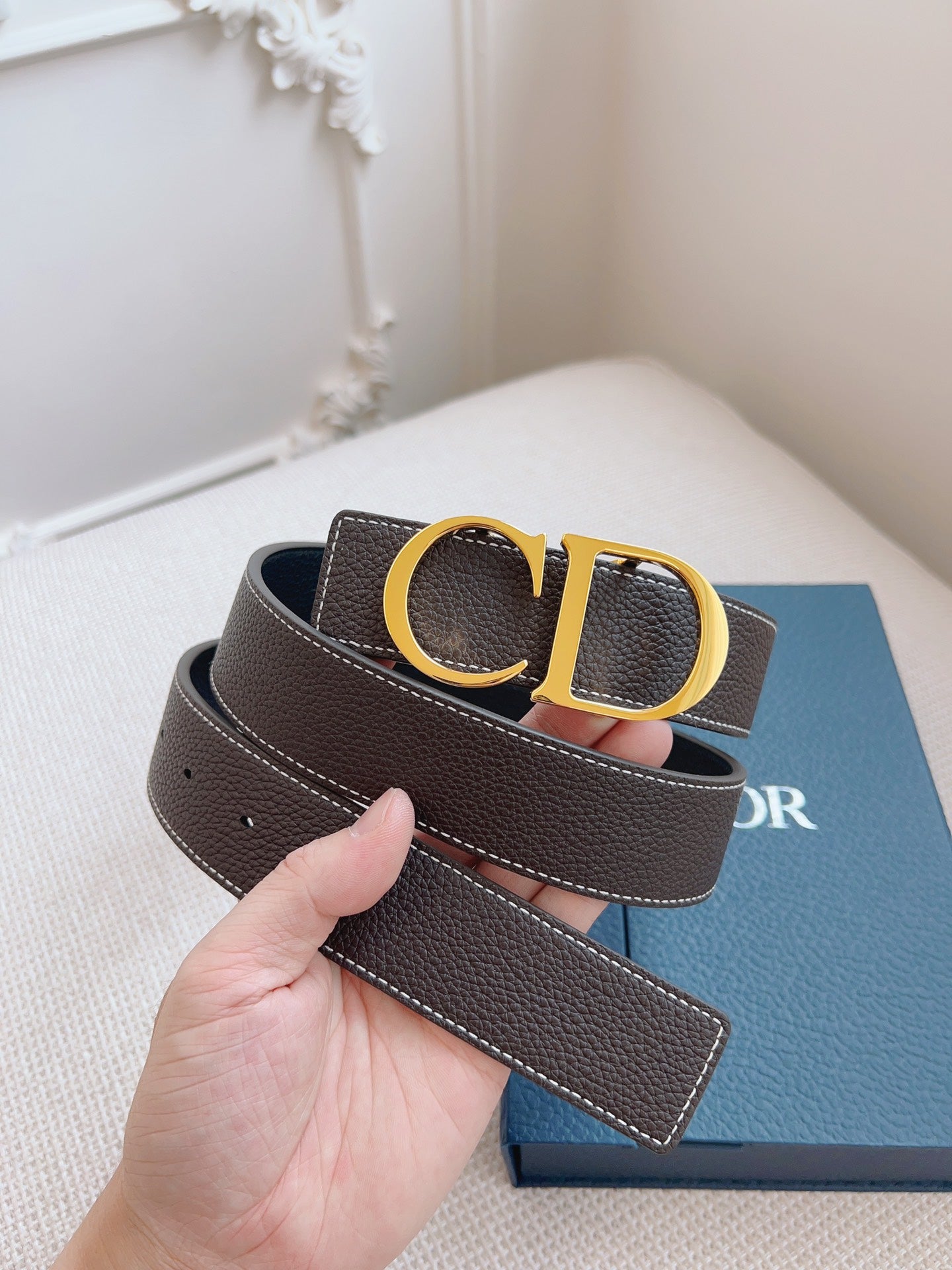 CD Belt 35mm Brown Black Leather Gold Buckle