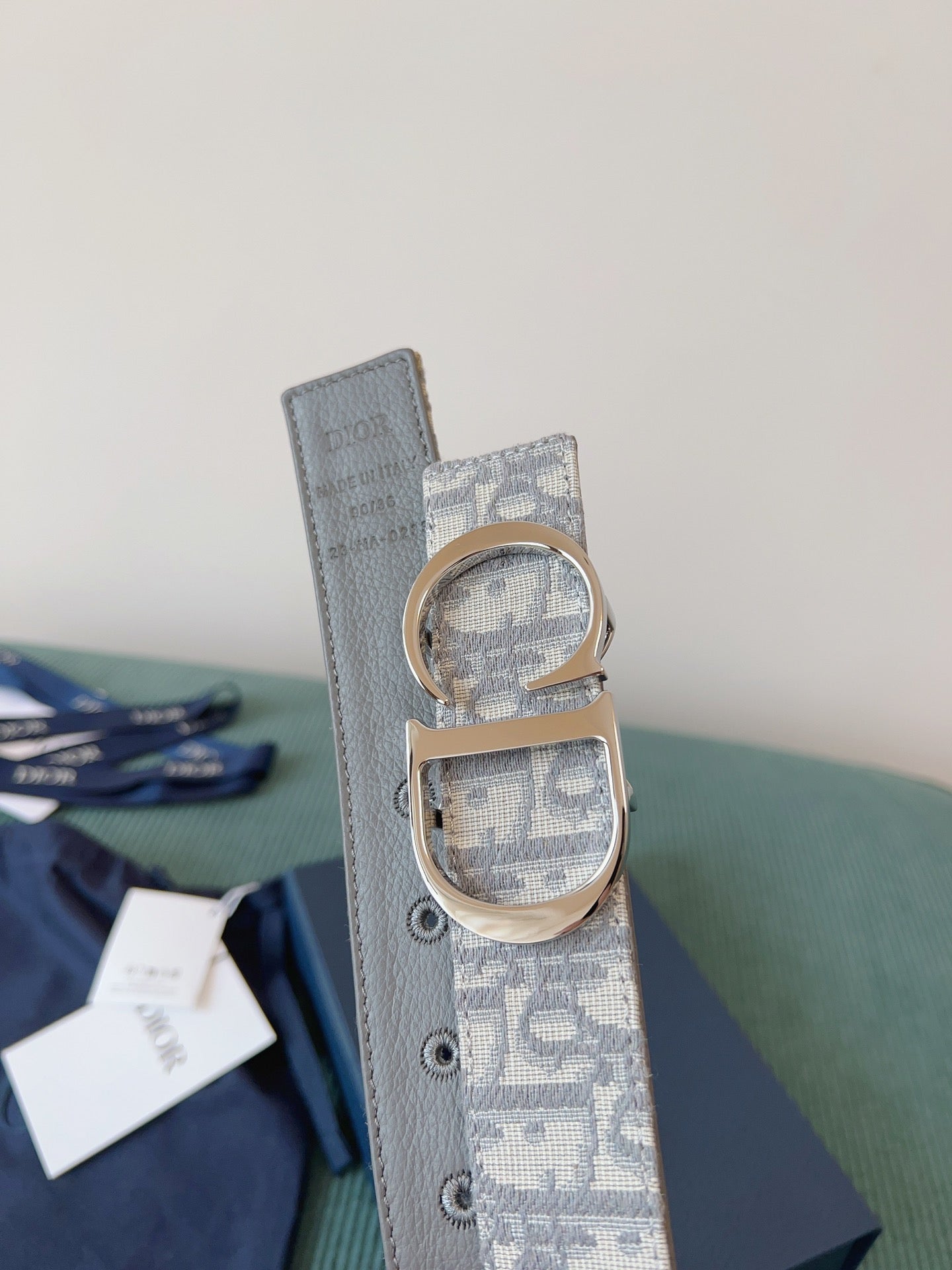 CD Belt 35mm Milkshake White Canvas Gray Calfskin Silver Buckle