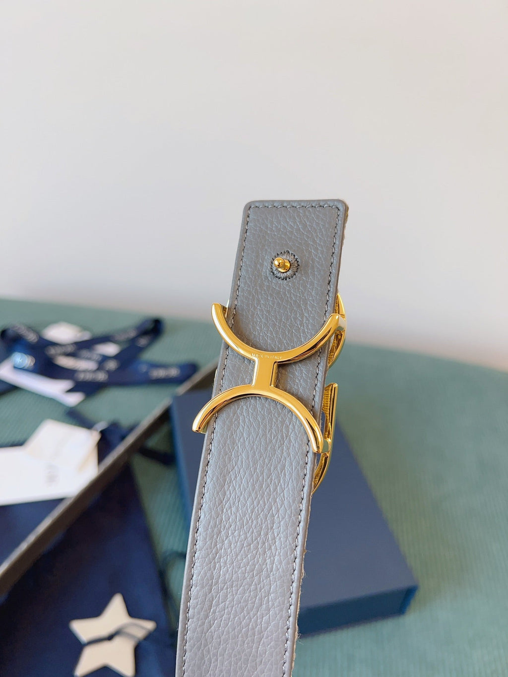 CD Belt 35mm Milkshake White Canvas Gray Calfskin Gold Buckle