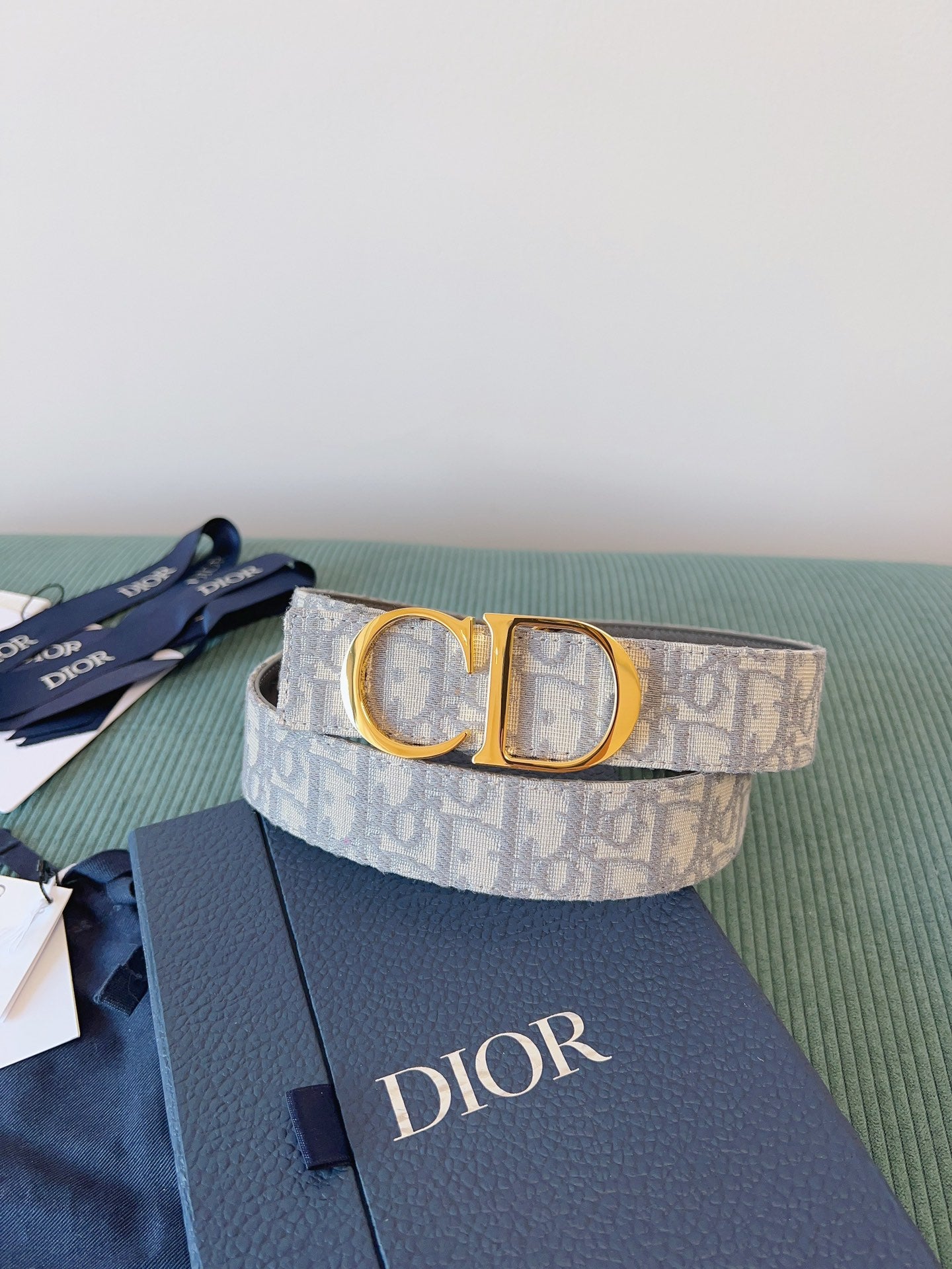 CD Belt 35mm Milkshake White Canvas Gray Calfskin Gold Buckle
