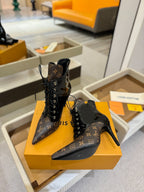 LV Ankle Boot 90mm Black Glossy Calfskin Mix Brown Monogram 504799