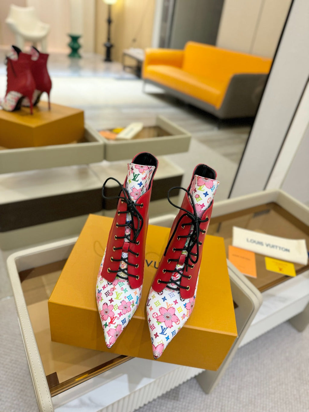 LV Ankle Boot 90mm Red Calfskin Mix Cherry Blossom Monogram 504797