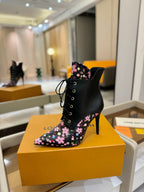 LV Ankle Boot 90mm Black Calfskin Mix Cherry Blossom Monogram 504796