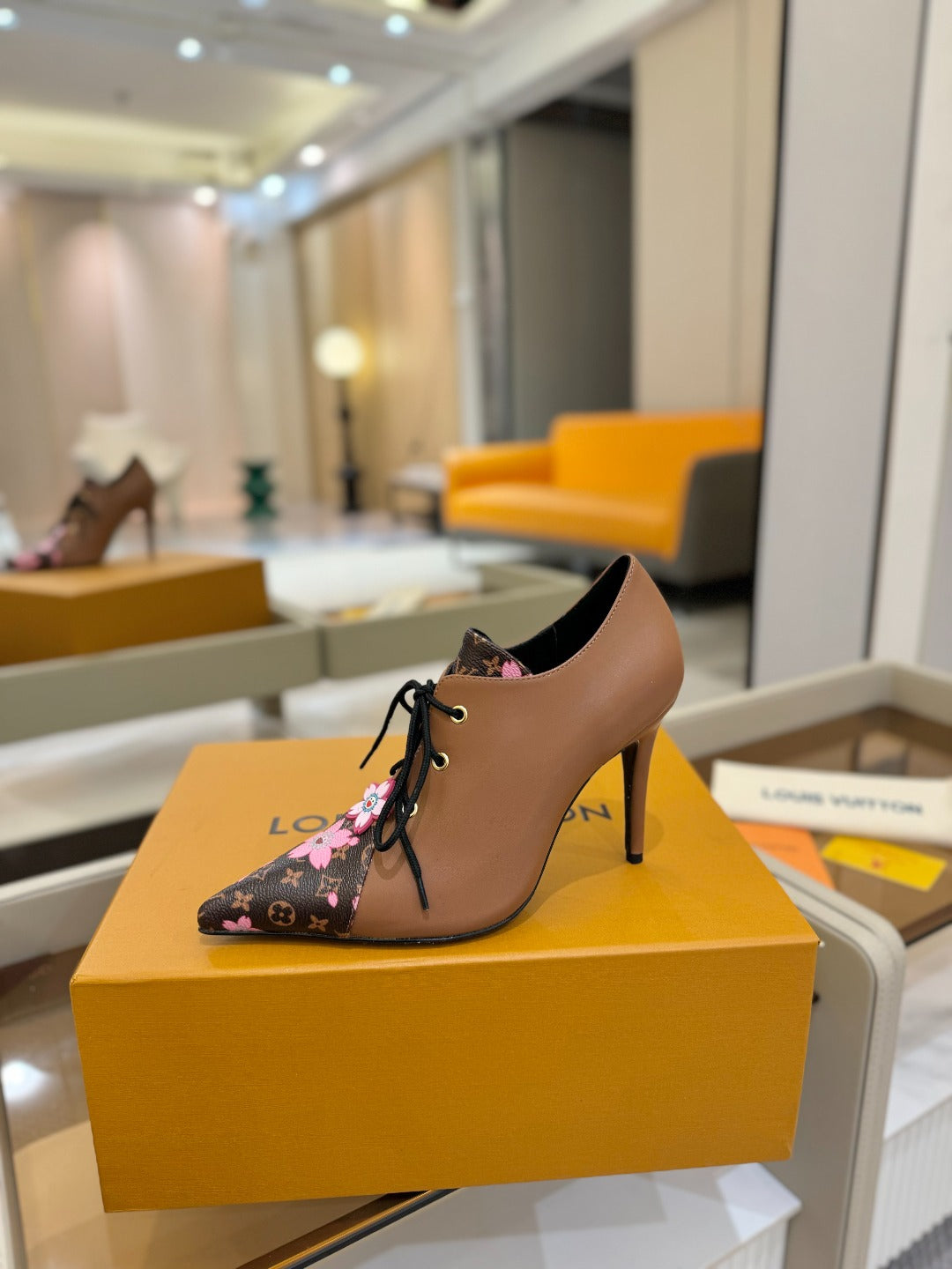 LV Ankle Boot 90mm Brown Calfskin Mix Cherry Blossom Monogram 504793