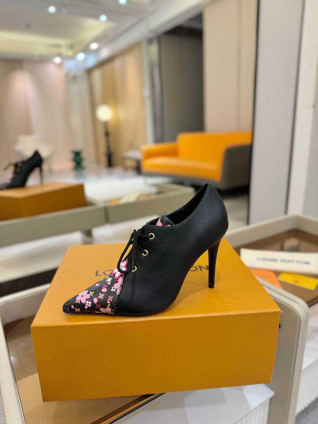 LV Ankle Boot 90mm Black Calfskin Mix Cherry Blossom Monogram 504791