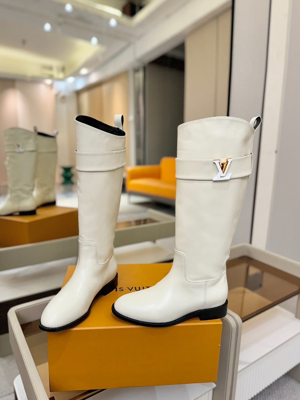 LV Donkey Metal Buckle-Decorated Knight Boots White Cowhide 504715