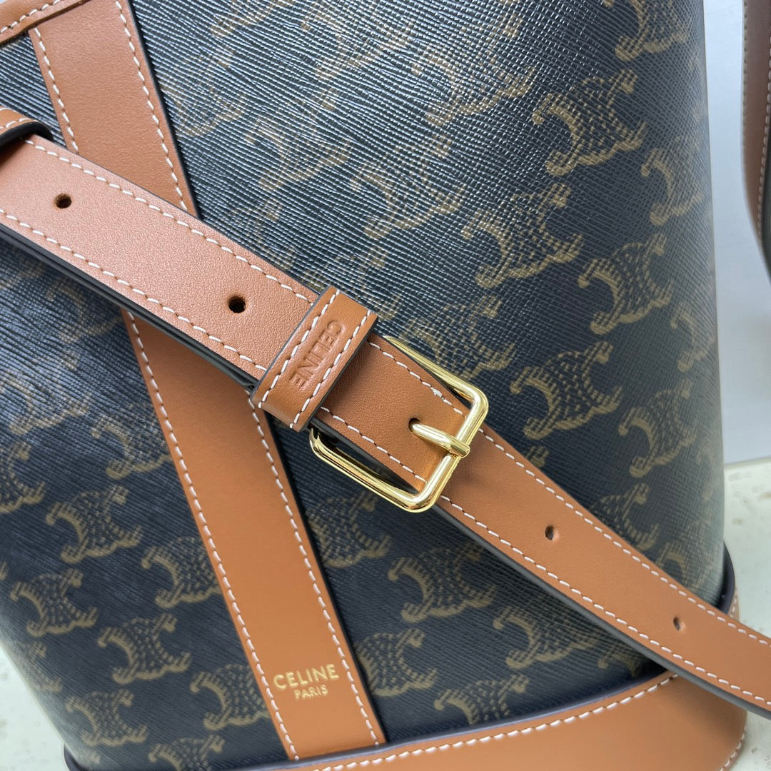 Celin Triomphe Canvas Bucket Bag Brown Cowhide 131737