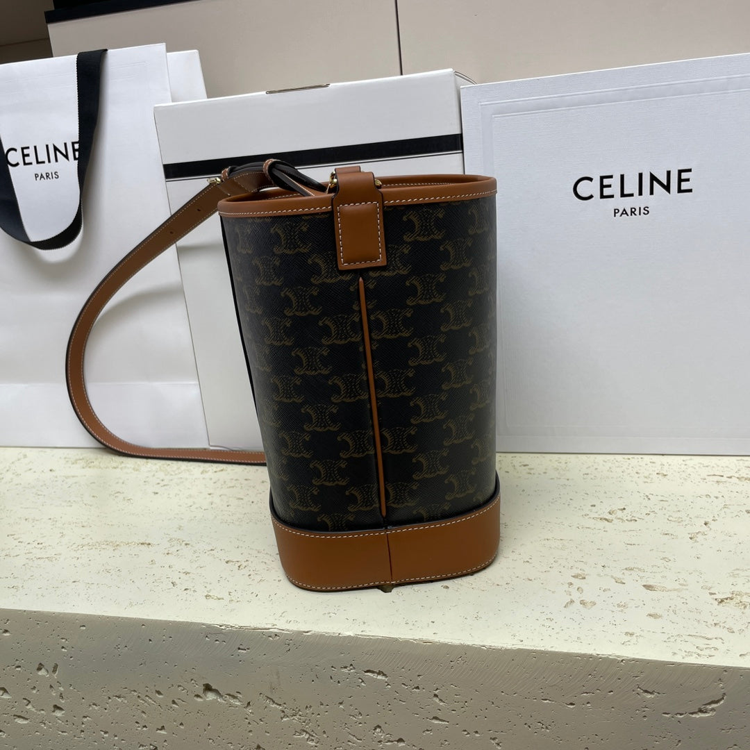 Celin Triomphe Canvas Bucket Bag Brown Cowhide 131737