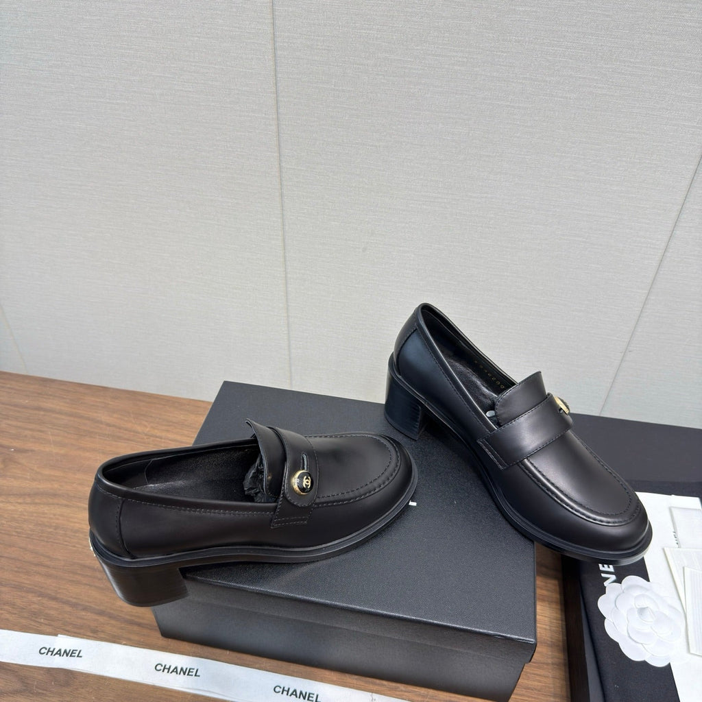 CC 25K Logo Button Loafers 35mm High Heel Black Calfskin 517627