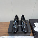 CC 25K Logo Button Loafers 35mm High Heel Shiny Black Calfskin 517625