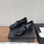 CC 25K Logo Button Loafers 35mm High Heel Shiny Black Calfskin 517625