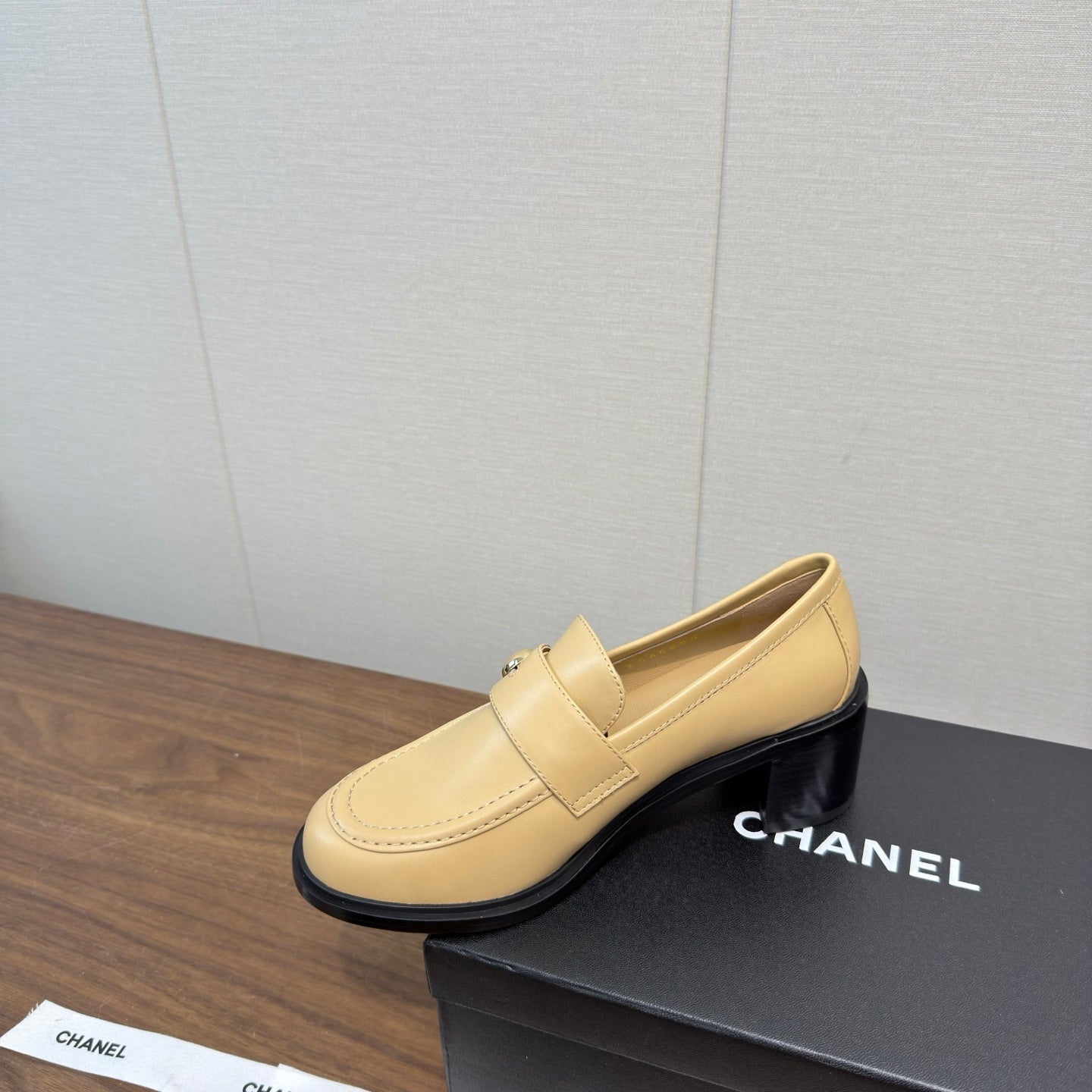 CC 25K Logo Button Loafers 35mm High Heel Beige Calfskin 517624