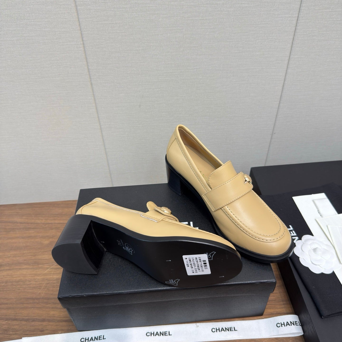 CC 25K Logo Button Loafers 35mm High Heel Beige Calfskin 517624