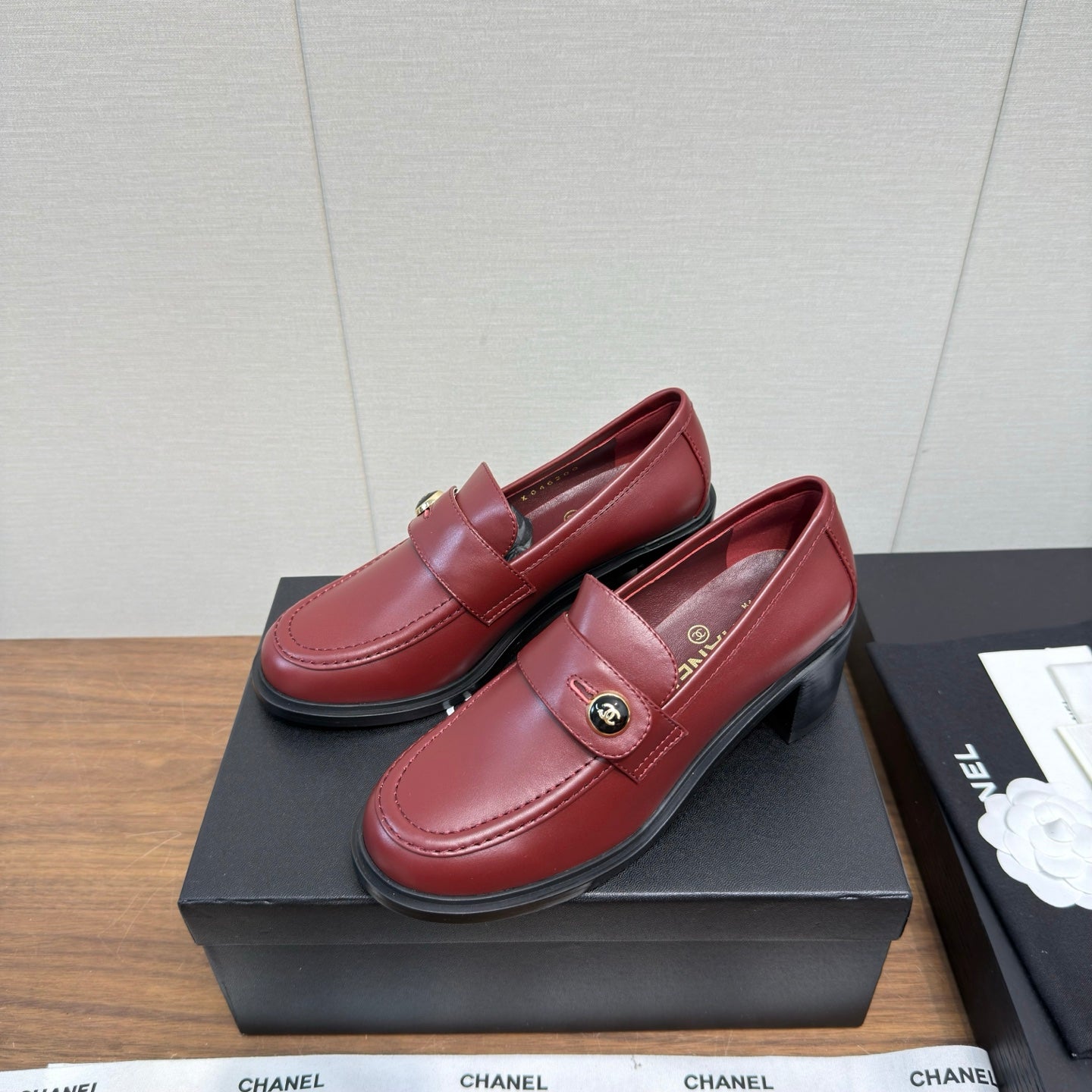 CC 25K Logo Button Loafers 35mm High Heel Red Calfskin 517623