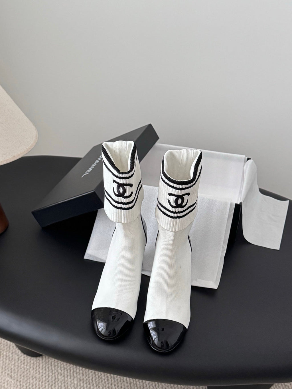 CC 25K Ankle Sock Boots 85mm Heel White Patent Calfskin and Lambskin 508004