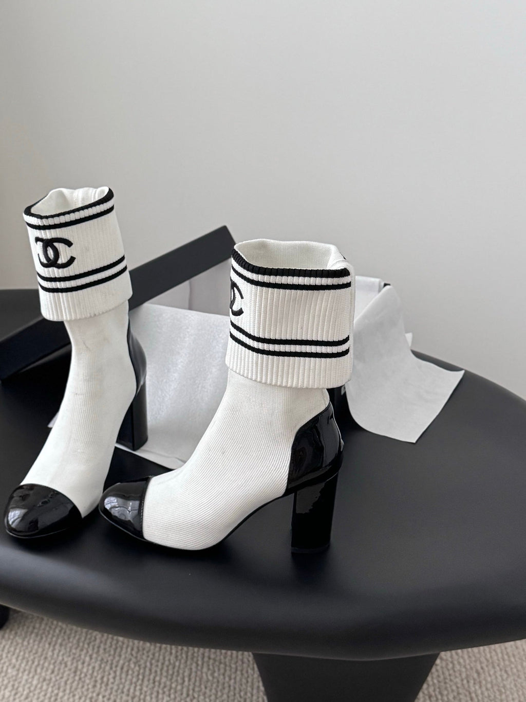 CC 25K Ankle Sock Boots 85mm Heel White Patent Calfskin and Lambskin 508004