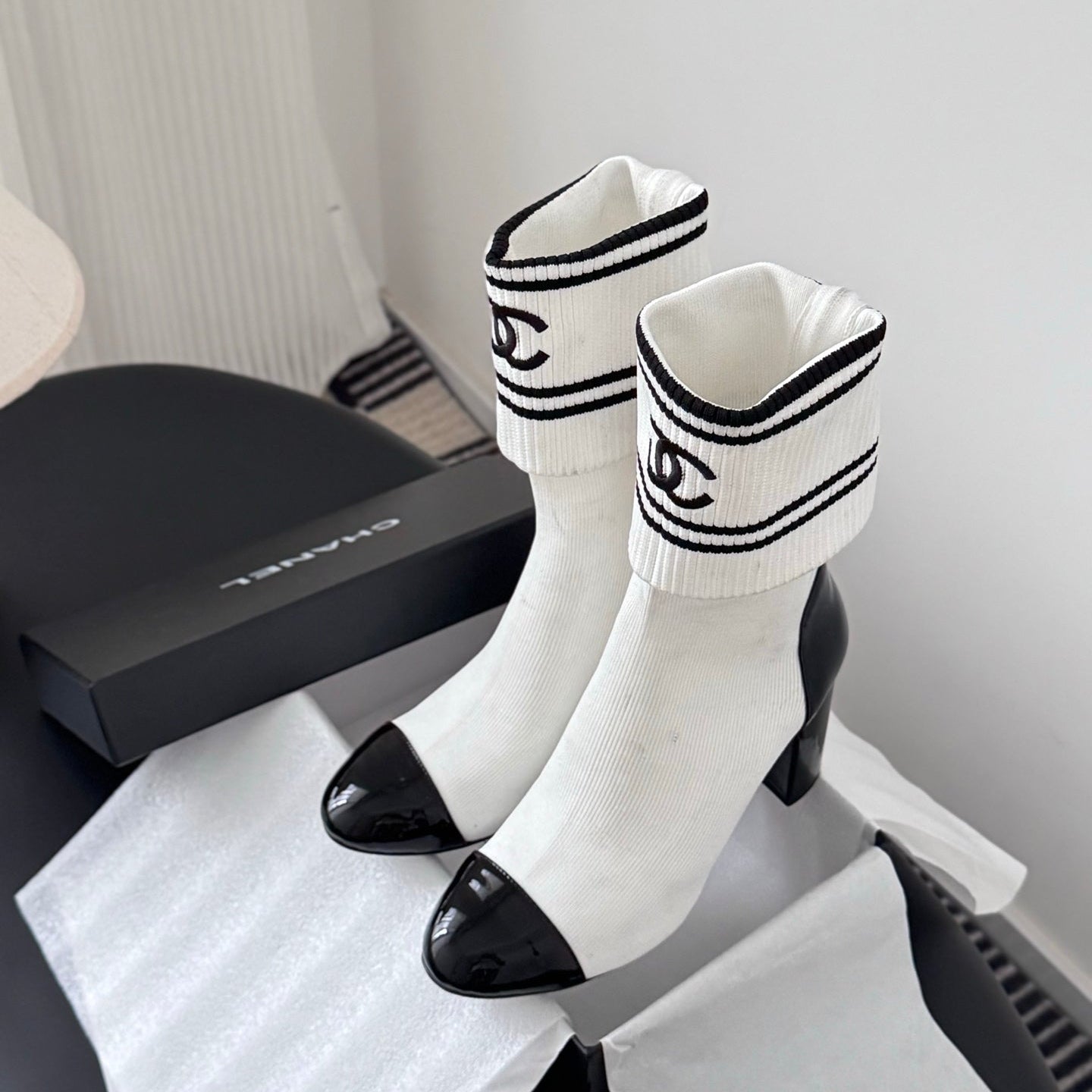 CC 25K Ankle Sock Boots 85mm Heel White Patent Calfskin and Lambskin 508004