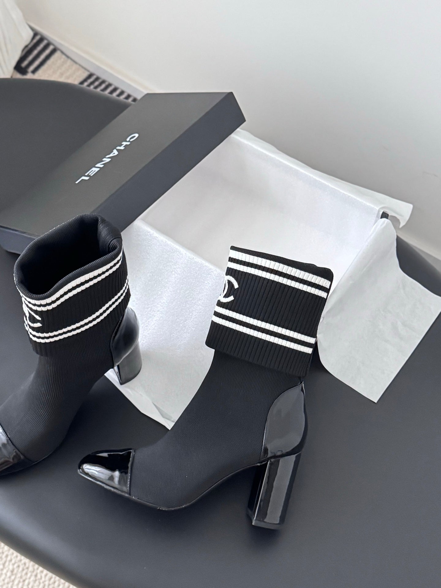 CC 25K Ankle Sock Boots 85mm Heel Black Patent Calfskin and Lambskin 508003
