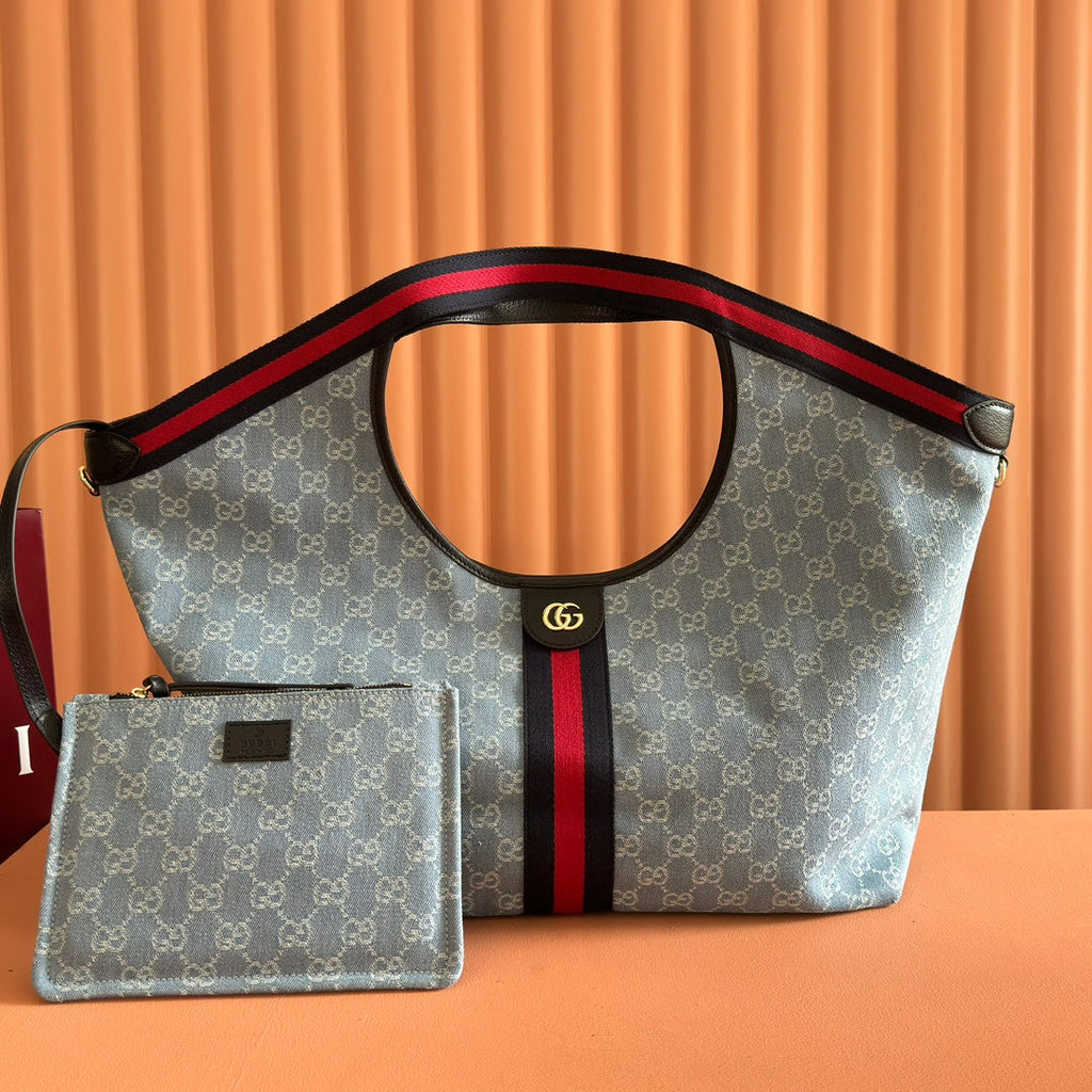 GG Giglio 26 Detachable Clutch Tote Bag 60cm Light Blue Canvas Light Gold Hardware