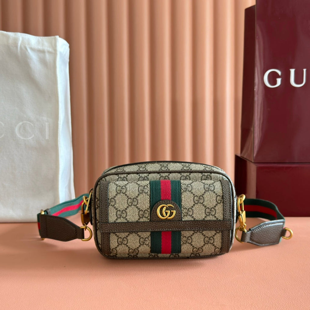 GG Ophidia GG Mini Handbag 20cm Grey and Brown Supreme Canvas