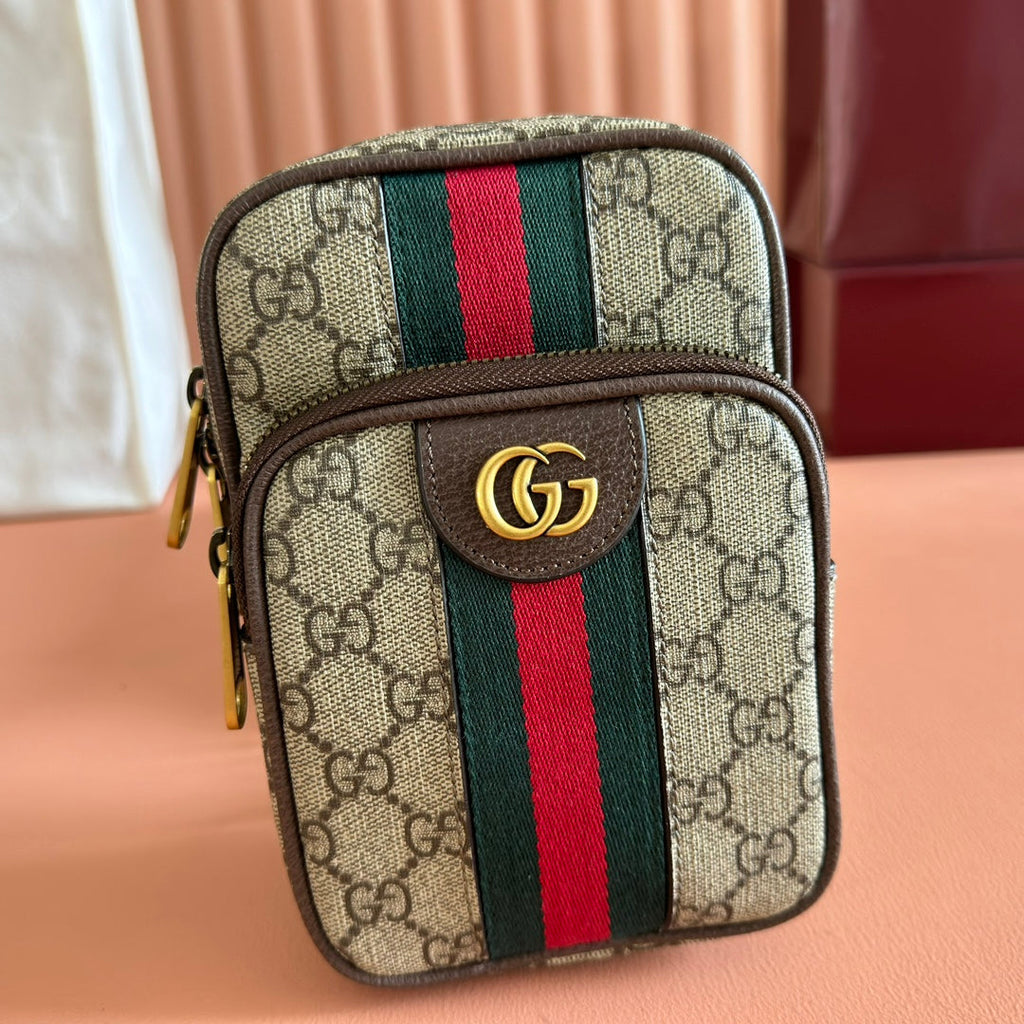 GG Ophidia GG Mini Handbag 12cm Grey and Brown Supreme Canvas