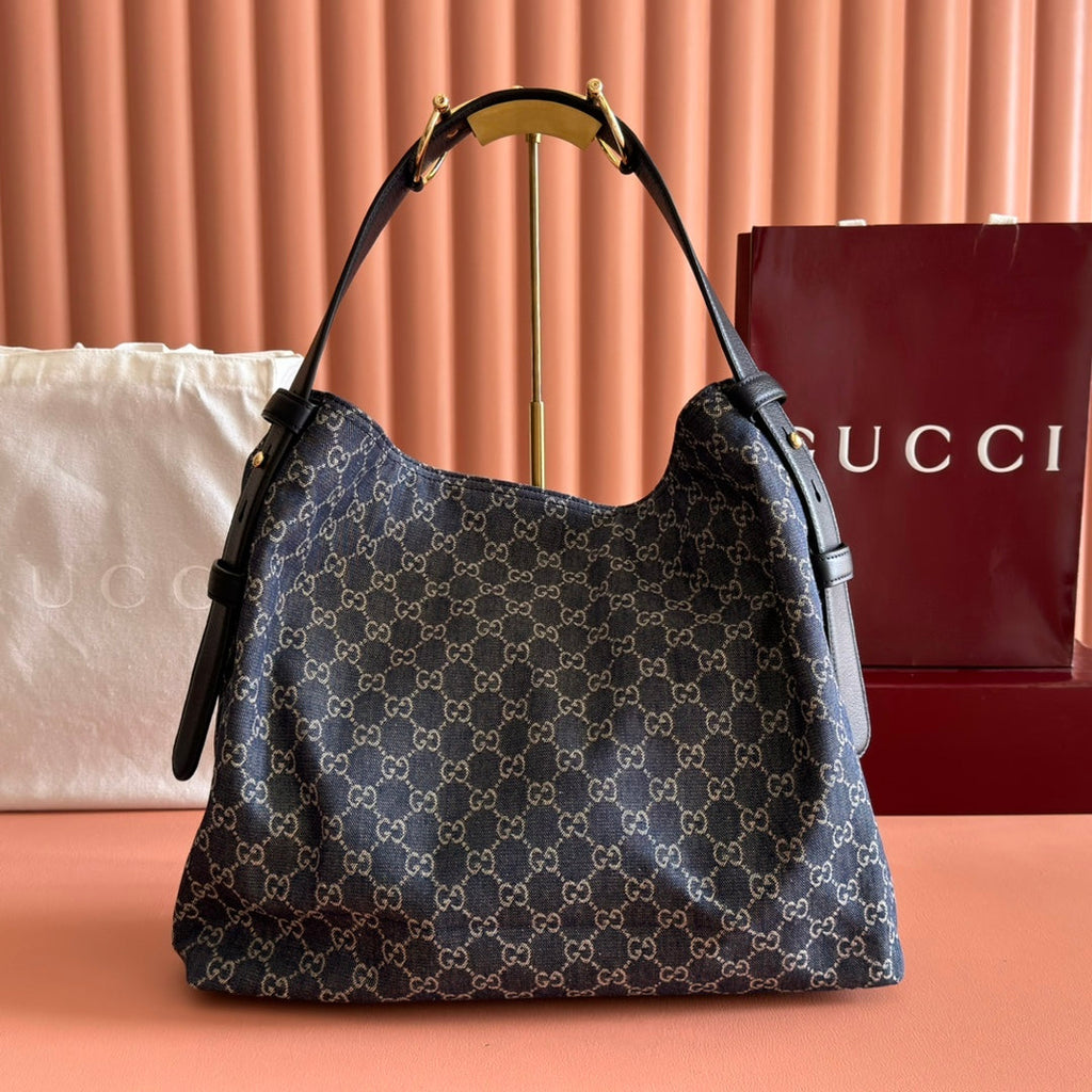 GG 25FW Beatrix Horsebit Handbag 40cm Blue Denim Canvas GHW