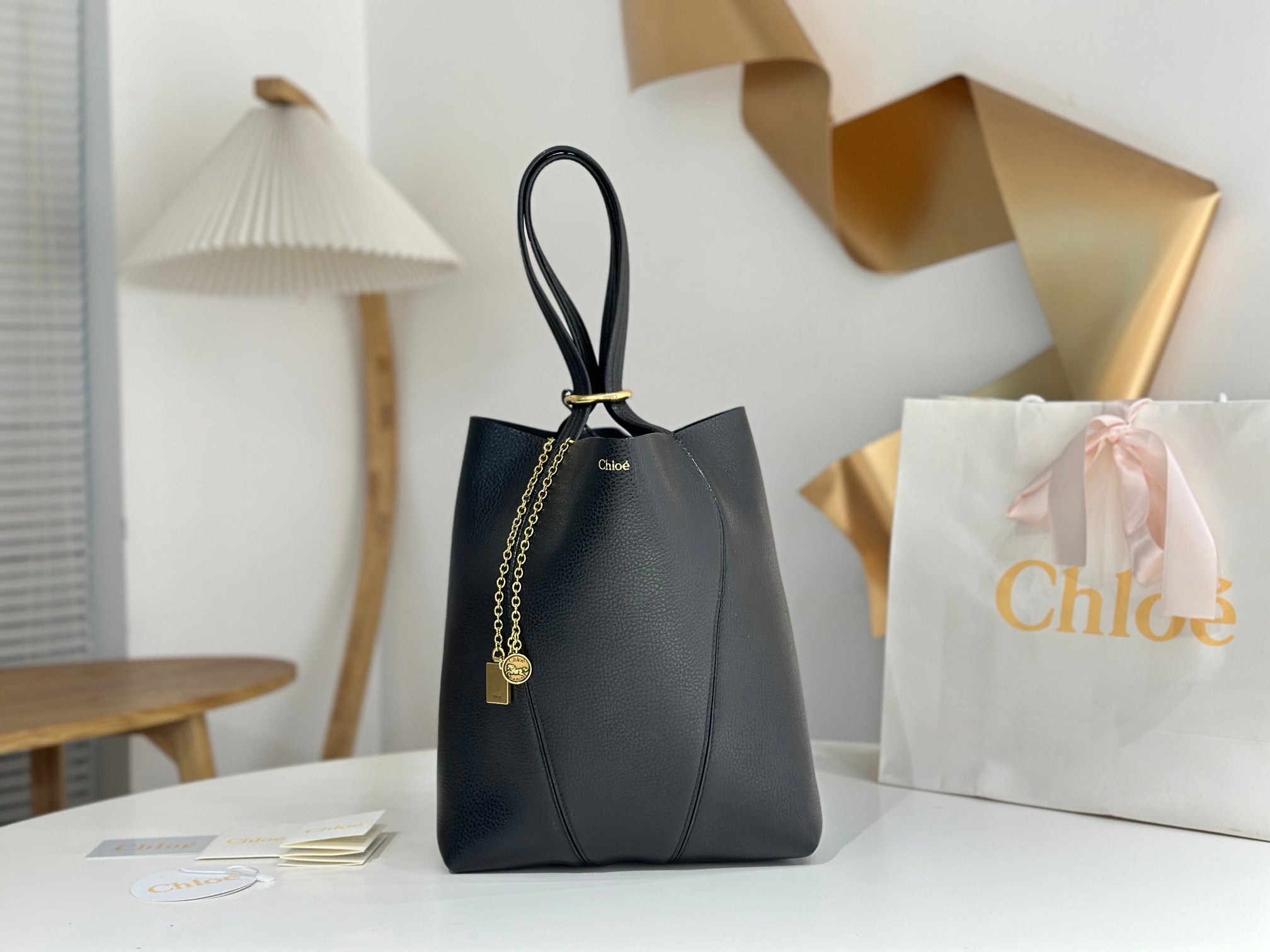 Chloe Spin Tote Bag Medium 27cm Black Calfskin 272274