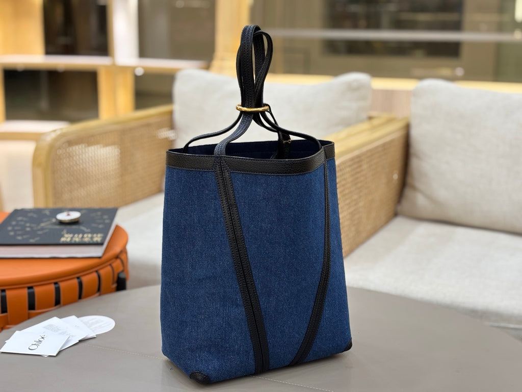 Chloe Spin Tote Bag Medium 27cm Blue Denim Calfskin 272224