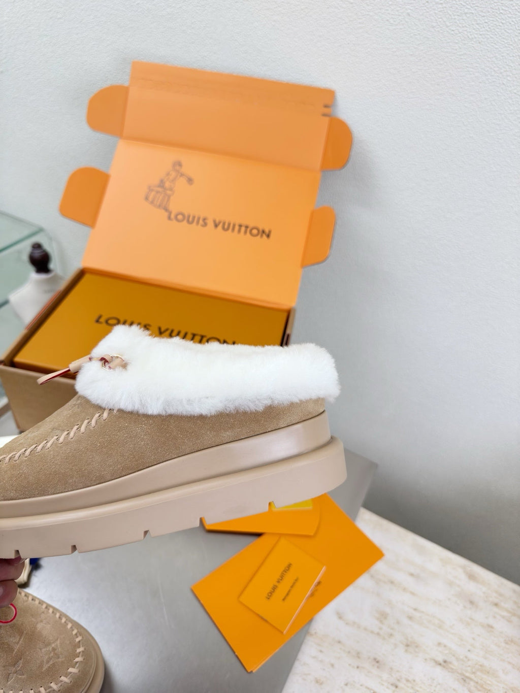 LV Lamb-lined Platform Slippers Apricot Lamb Wool Suede 566891