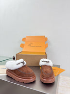 LV Lamb-lined Platform Slippers Dark Brown Lamb Wool Suede 566893