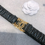 CC Rhinestone Logo Buckle 30mm Elastic Black Gold Lambskin Belt 614237