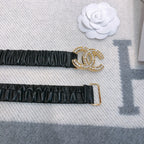 CC Rhinestone Logo Buckle 30mm Elastic Black Gold Lambskin Belt 614237