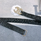 CC Rhinestone Logo Buckle 30mm Elastic Black Gold Lambskin Belt 614237