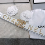 CC Elastic Belt 30mm Gold Rhinestone Logo White Cowhide 614214