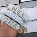 CC Elastic Belt 30mm Gold Rhinestone Logo White Cowhide 614214