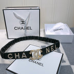 CC Elastic Belt 30mm Gold Rhinestone Logo Black Cowhide 614213