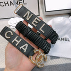 CC Elastic Belt 30mm Gold Rhinestone Logo Black Cowhide 614213