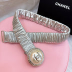 CC Stamp Buckle Women Belt 30mm Elastic Silver Cowhide 196842