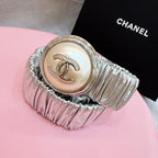 CC Stamp Buckle Women Belt 30mm Elastic Silver Cowhide 196842