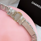 CC Stamp Buckle Women Belt 30mm Elastic Silver Cowhide 196842