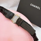 CC Stamp Buckle Women Belt 30mm Elastic Black Cowhide 196840