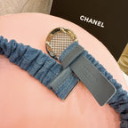 CC Stamp Buckle Women Belt 30mm Elastic Blue Cowhide 196835